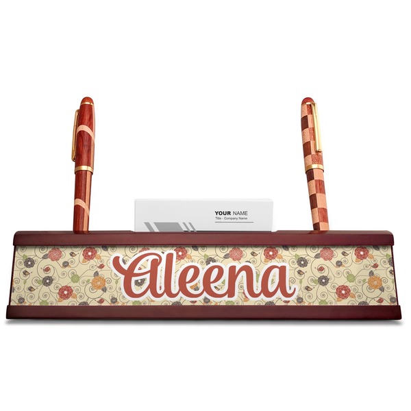 Fall Flowers Red Mahogany Nameplates with Business Card Holder - Straight