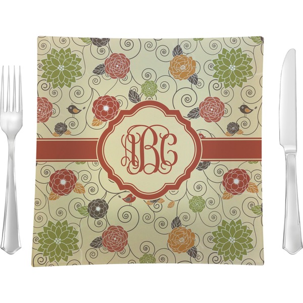 Custom Fall Flowers Glass Square Lunch / Dinner Plate 9.5" (Personalized)