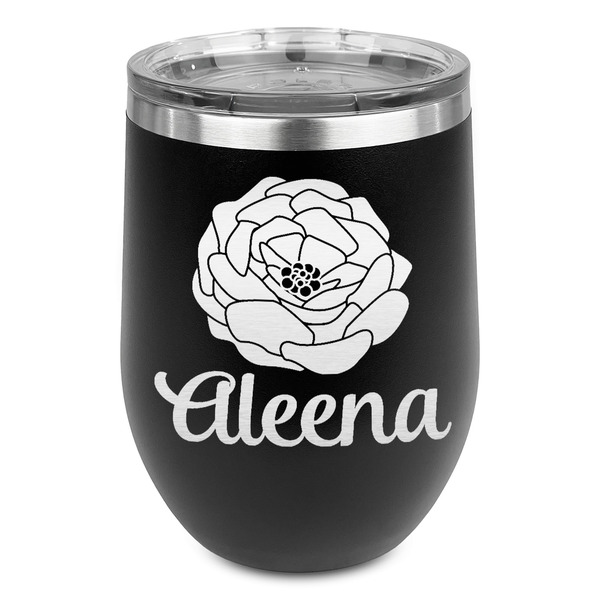 Custom Fall Flowers Stemless Stainless Steel Wine Tumbler - Black - Single Sided (Personalized)