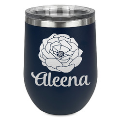 Fall Flowers Stemless Stainless Steel Wine Tumbler - Navy - Double Sided (Personalized)
