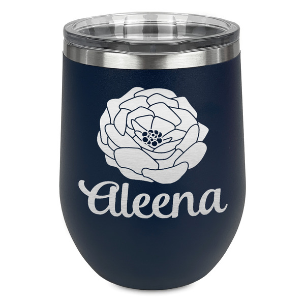 Custom Fall Flowers Stemless Stainless Steel Wine Tumbler - Navy - Single Sided (Personalized)