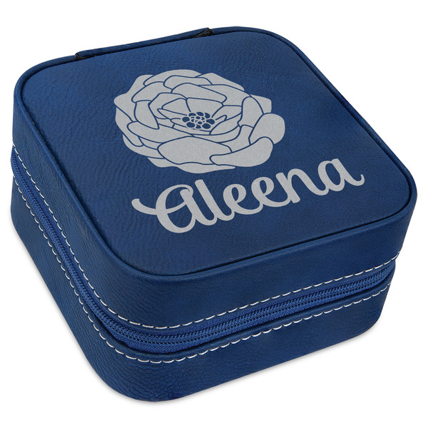Custom Fall Flowers Travel Jewelry Box - Navy Blue Leather (Personalized)