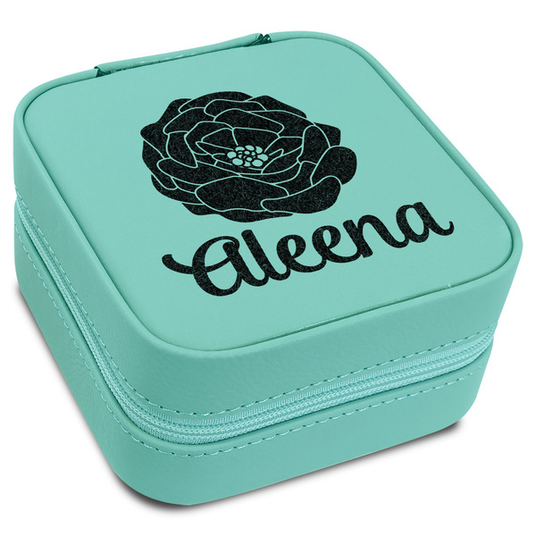 Custom Fall Flowers Travel Jewelry Box - Teal Leather (Personalized)