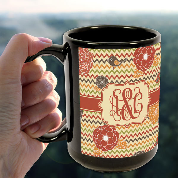 Chevron & Fall Flowers 15oz. Black Mug - LIFESTYLE