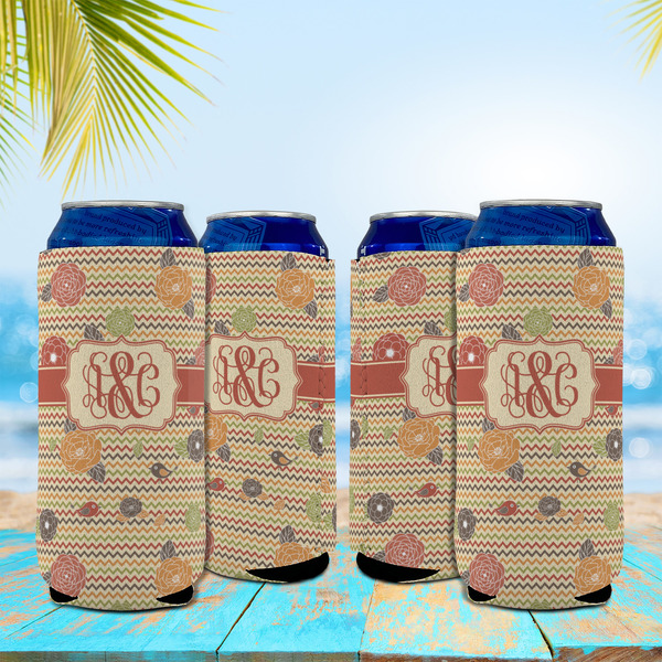 Chevron & Fall Flowers 16oz Can Sleeve - Set of 4 - LIFESTYLE