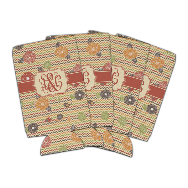 Custom Chevron & Fall Flowers Can Cooler (16 oz) - Set of 4 (Personalized)