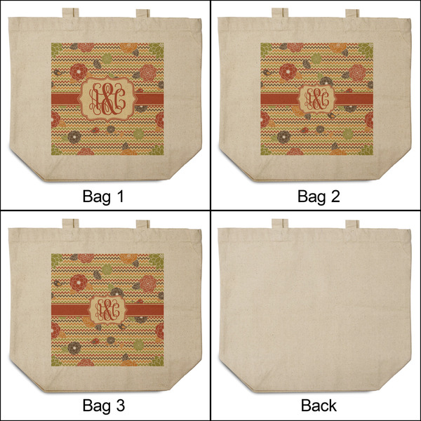 Chevron & Fall Flowers 3 Reusable Cotton Grocery Bags - Front & Back View