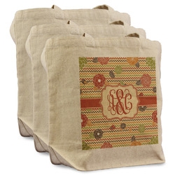Chevron & Fall Flowers Reusable Cotton Grocery Bags - Set of 3 (Personalized)