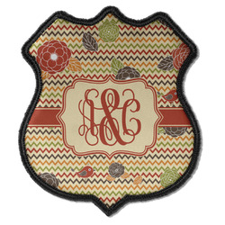 Chevron & Fall Flowers Iron On Shield Patch C w/ Couple's Names