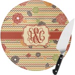Chevron & Fall Flowers Round Glass Cutting Board - Small (Personalized)