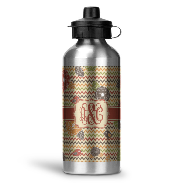 Custom Chevron & Fall Flowers Water Bottle - Aluminum - 20 oz (Personalized)