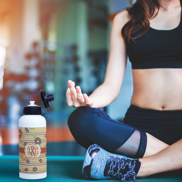 Chevron & Fall Flowers Aluminum Water Bottle - White LIFESTYLE