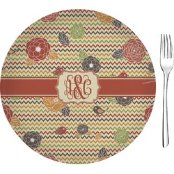Chevron & Fall Flowers 8" Glass Appetizer / Dessert Plates - Single or Set (Personalized)