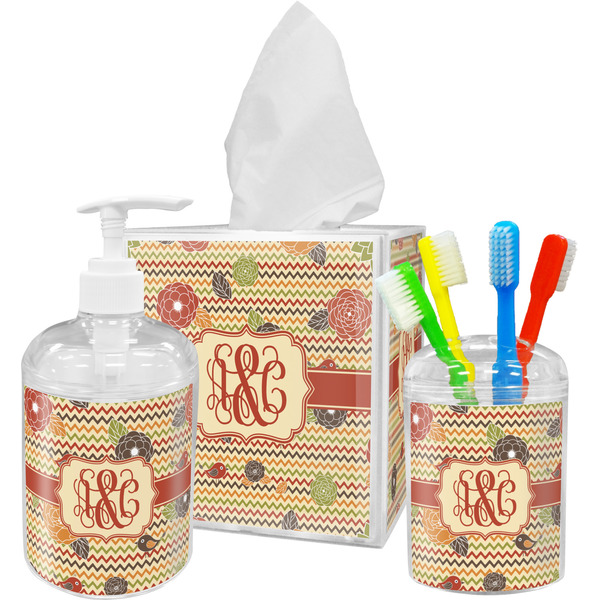 Chevron & Fall Flowers Bathroom Accessories Set (Personalized)