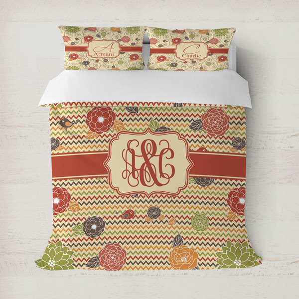 Custom Chevron & Fall Flowers Duvet Cover Set - Full / Queen (Personalized)