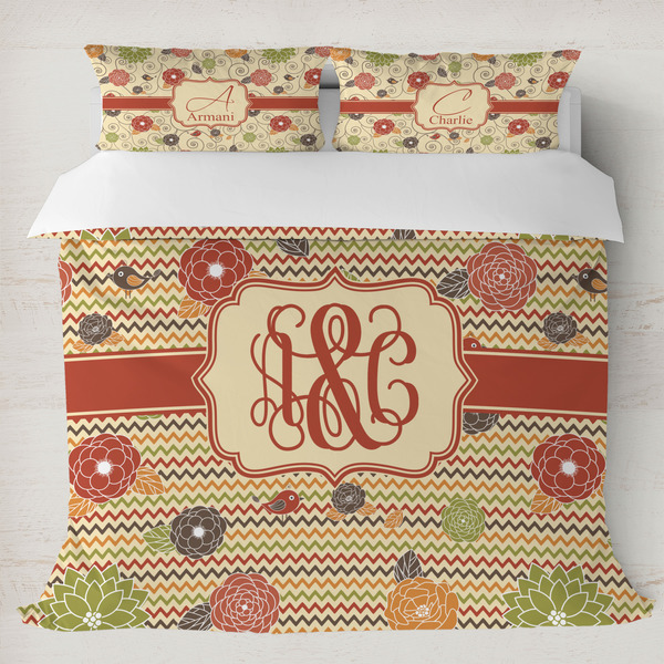 Custom Chevron & Fall Flowers Duvet Cover Set - King (Personalized)