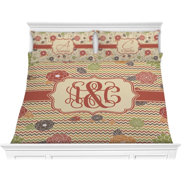 Custom Chevron & Fall Flowers Comforter Set - King (Personalized)
