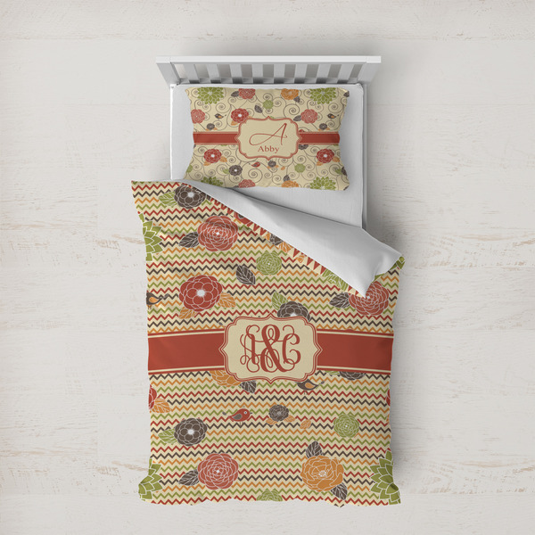 Custom Chevron & Fall Flowers Duvet Cover Set - Twin XL (Personalized)