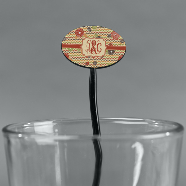 Chevron & Fall Flowers Black Plastic 7" Stir Stick - Oval - Main