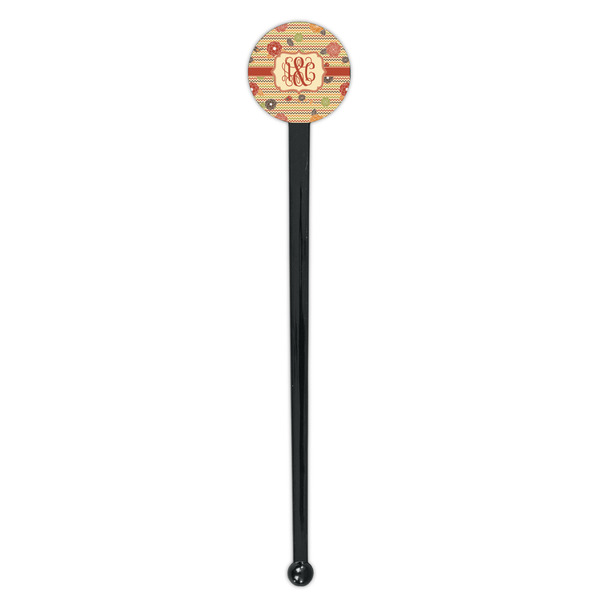 Chevron & Fall Flowers Black Plastic 7" Stir Stick - Round - Single Stick