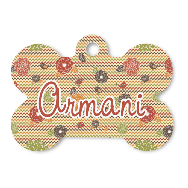 Custom Chevron & Fall Flowers Bone Shaped Dog ID Tag (Personalized)