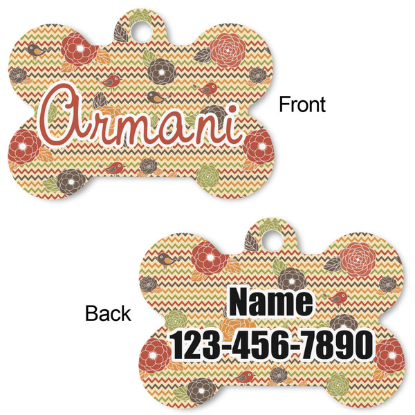 Chevron & Fall Flowers Bone Shaped Dog Tag - Front & Back