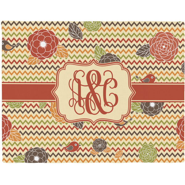 Custom Chevron & Fall Flowers Woven Fabric Placemat - Twill w/ Couple's Names