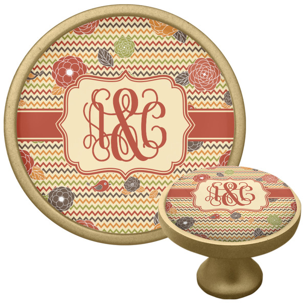 Custom Chevron & Fall Flowers Cabinet Knob - Gold (Personalized)