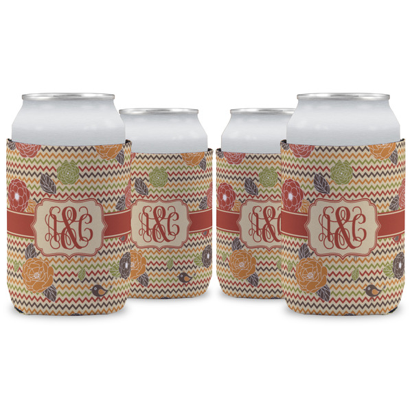 Custom Chevron & Fall Flowers Can Cooler (12 oz) - Set of 4 w/ Couple's Names