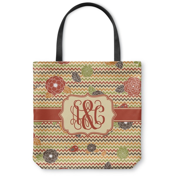 Custom Chevron & Fall Flowers Canvas Tote Bag - Large - 18"x18" (Personalized)