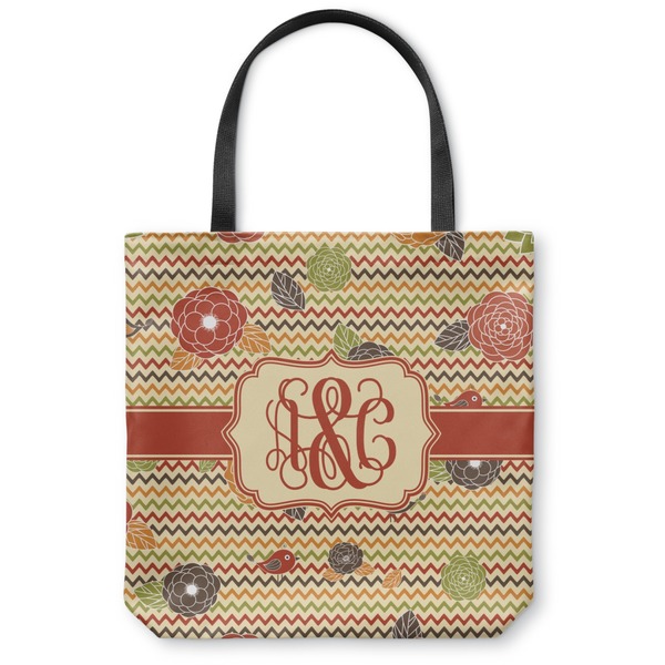 Custom Chevron & Fall Flowers Canvas Tote Bag - Small - 13"x13" (Personalized)