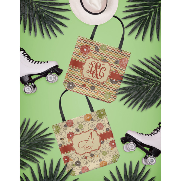 Chevron & Fall Flowers Canvas Tote Lifestyle Front and Back