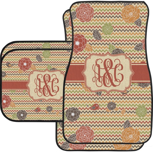 Custom Chevron & Fall Flowers Car Floor Mats Set - 2 Front & 2 Back (Personalized)