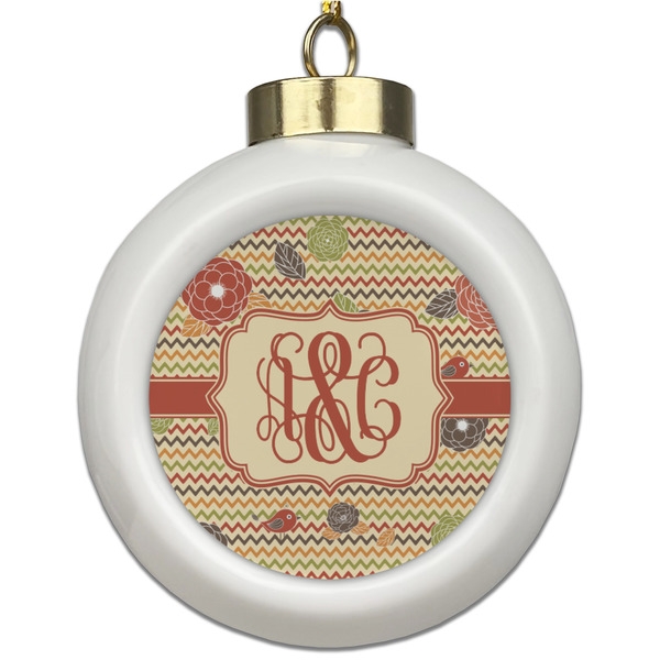 Custom Chevron & Fall Flowers Ceramic Ball Ornament (Personalized)