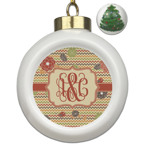 Custom Chevron & Fall Flowers Ceramic Ball Ornament - Christmas Tree (Personalized)