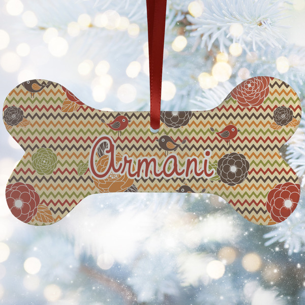 Custom Chevron & Fall Flowers Ceramic Dog Ornament w/ Couple's Names