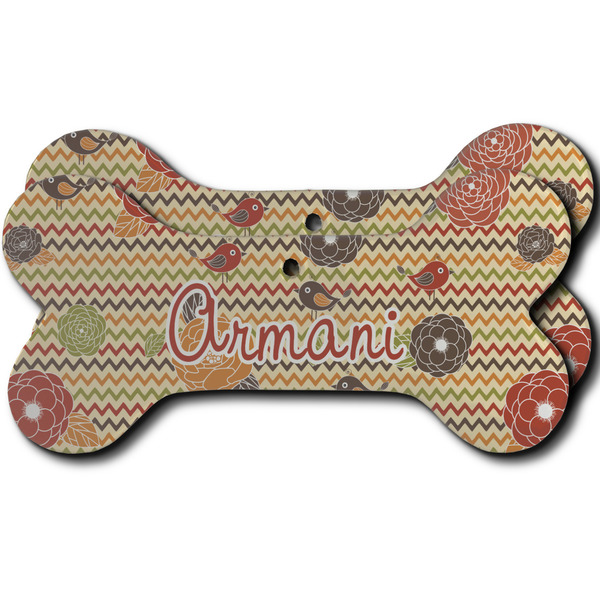 Custom Chevron & Fall Flowers Ceramic Dog Ornament - Front & Back w/ Couple's Names