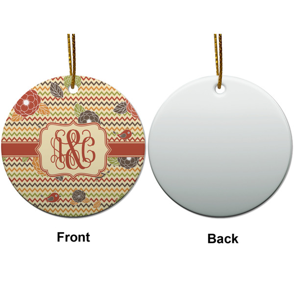 Chevron & Fall Flowers Ceramic Flat Ornament - Circle Front & Back (APPROVAL)