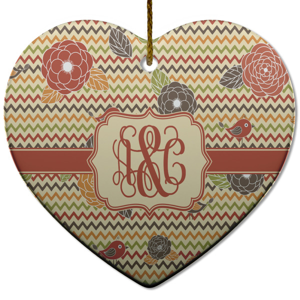Custom Chevron & Fall Flowers Heart Ceramic Ornament w/ Couple's Names