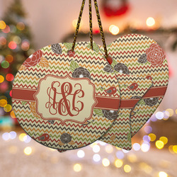 Chevron & Fall Flowers Ceramic Ornament w/ Couple's Names