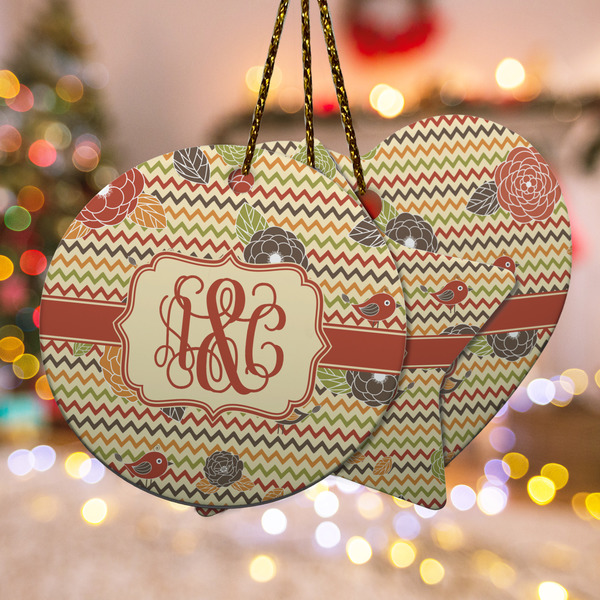 Custom Chevron & Fall Flowers Ceramic Ornament w/ Couple's Names