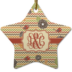 Chevron & Fall Flowers Star Ceramic Ornament w/ Couple's Names