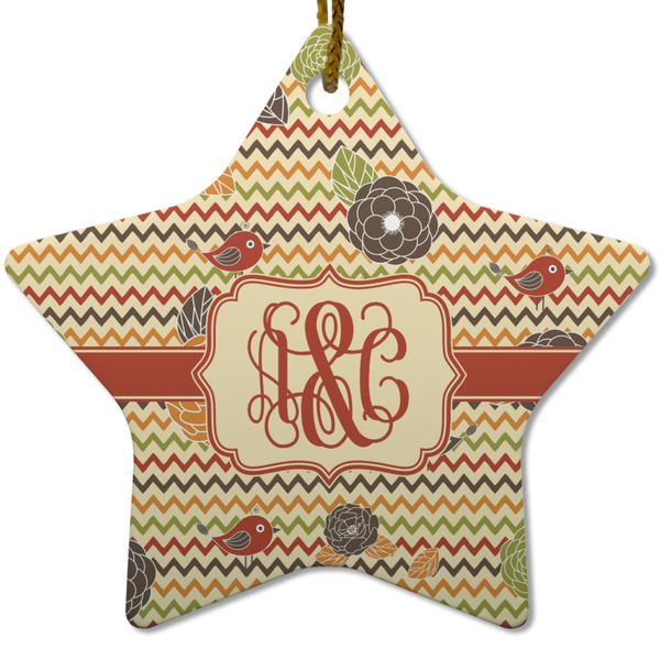 Chevron & Fall Flowers Ceramic Flat Ornament - Star (Front)