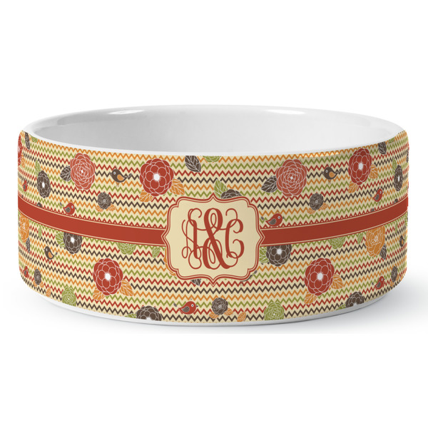 Custom Chevron & Fall Flowers Ceramic Dog Bowl - Large (Personalized)