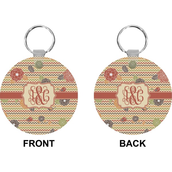 Chevron & Fall Flowers Circle Keychain (Front + Back)