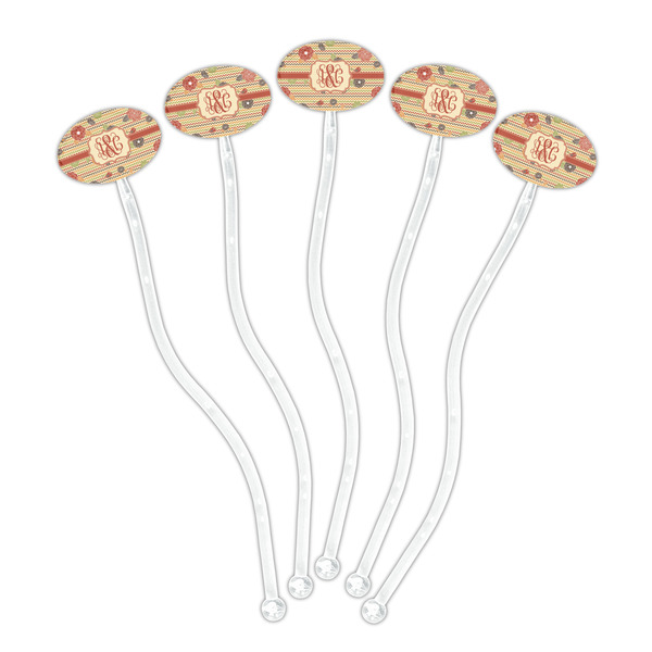 Chevron & Fall Flowers Clear Plastic 7" Stir Stick - Oval - Fan