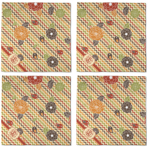 Chevron & Fall Flowers Cloth Napkins - Personalized Dinner (APPROVAL) Set of 4