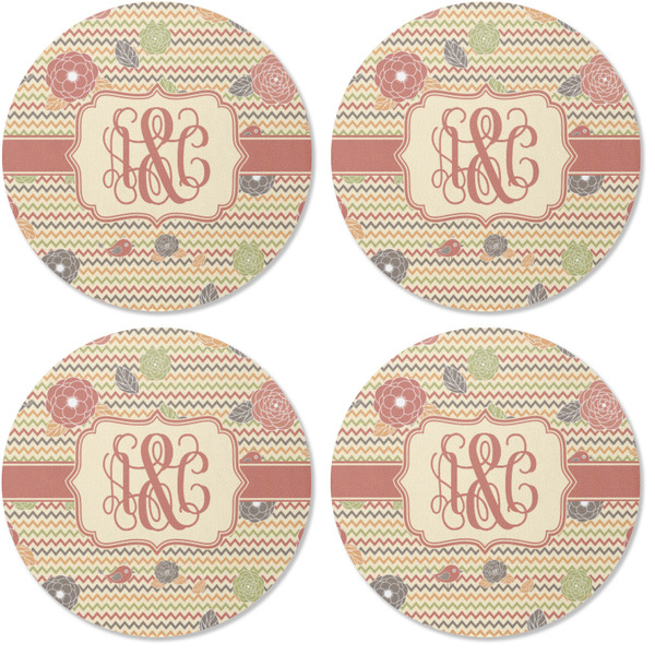 Chevron & Fall Flowers Coaster Round Rubber Back - Apvl