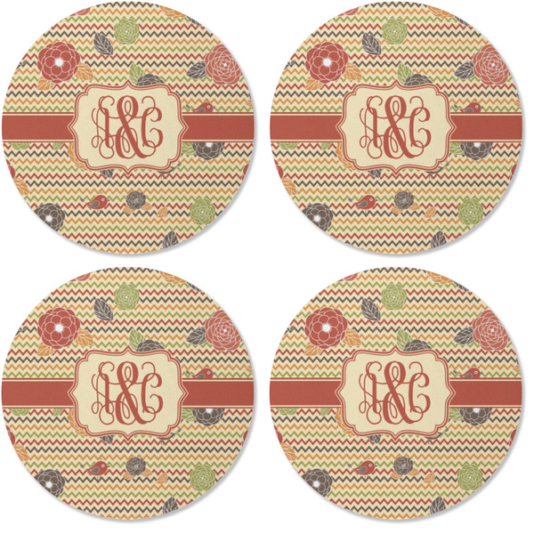 Chevron & Fall Flowers Coaster Round Rubber Back - Apvl