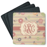 Chevron & Fall Flowers Square Rubber Backed Coasters - Set of 4 (Personalized)